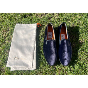 SANTONI Smooth Velvet Evening Shoes Smoking Slippers Blue Men’s UK 12 US 13